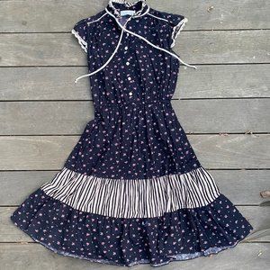 1970's Vintage Black Calico Prairie Dress